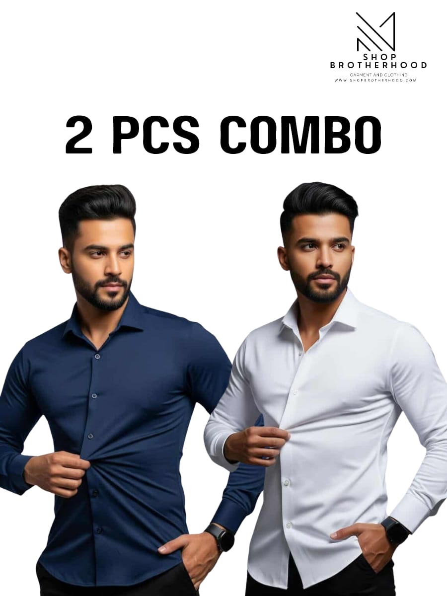 2 Pcs Formal Shirt Combo - Full Sleeve- Navy Blue, White